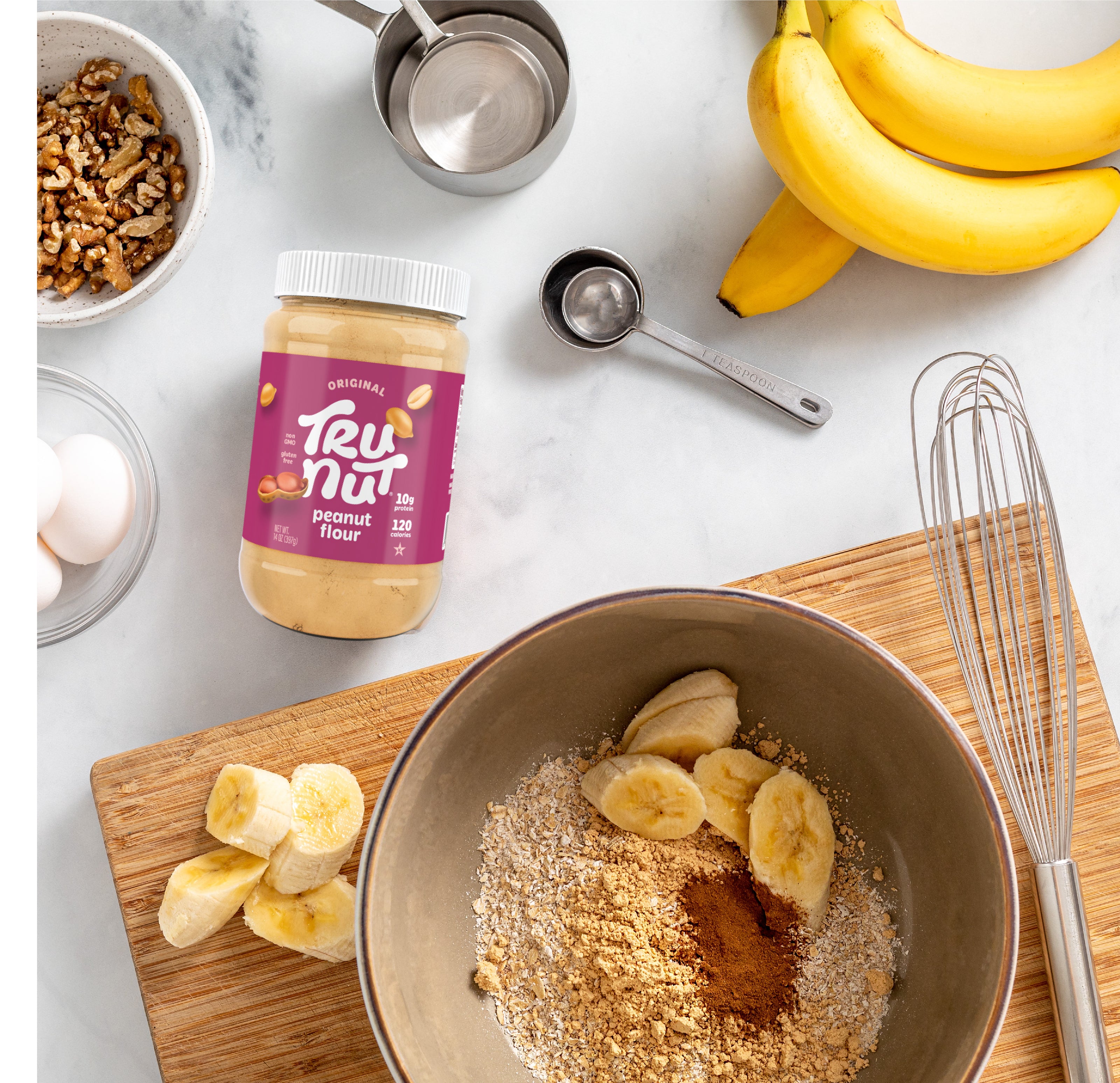Baking with TRU-NUT peanut powder — pancakes and measuring scoop