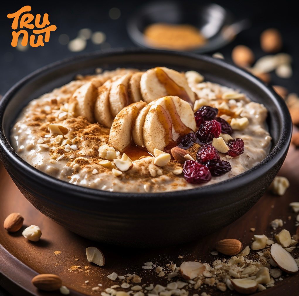 Oatmeal bowl topped with TRU-NUT peanut butter powder and berries